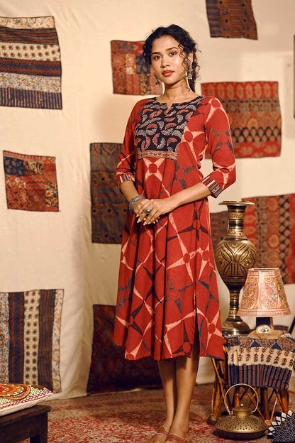 Red A line Kurti with Feather Yoke