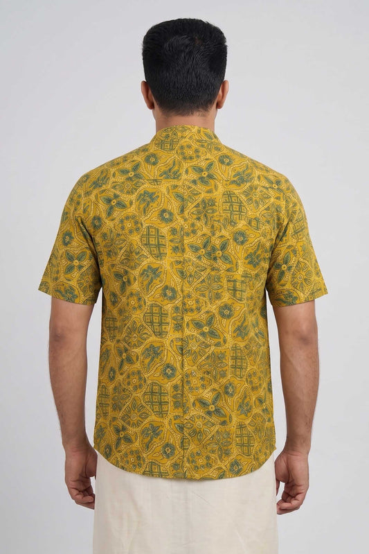 Yellow & Green Chinese Collar Ajrakh Handblock Print Shirt