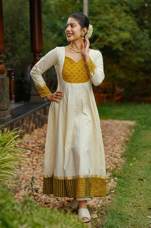 Yellow Lotus Yoke Off White Anarkali