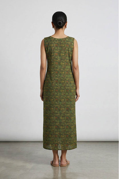 Green Sleeveless Slitted Goat & Elephant Print Kurti
