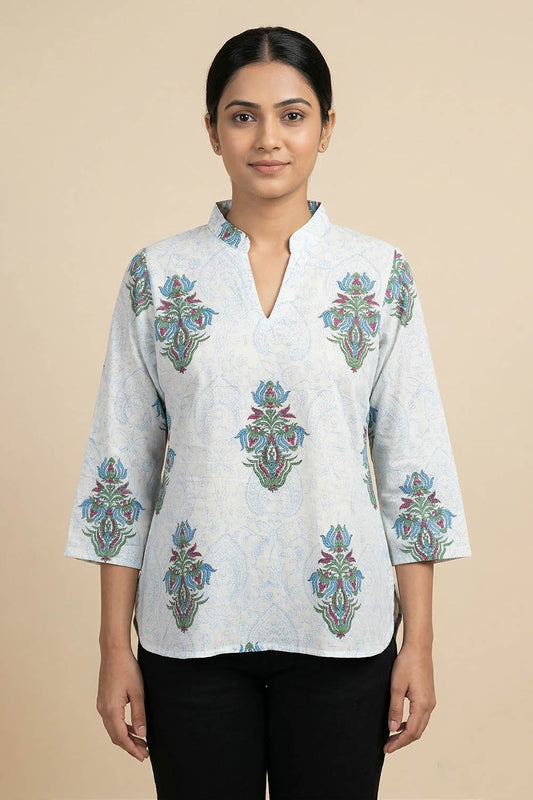 White Short Top with Blue Prints