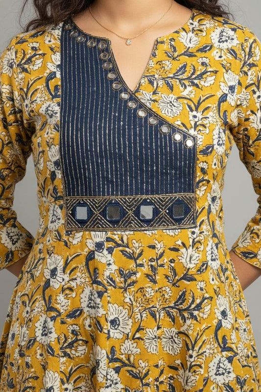 Yellow Bagru Printed Anarkali