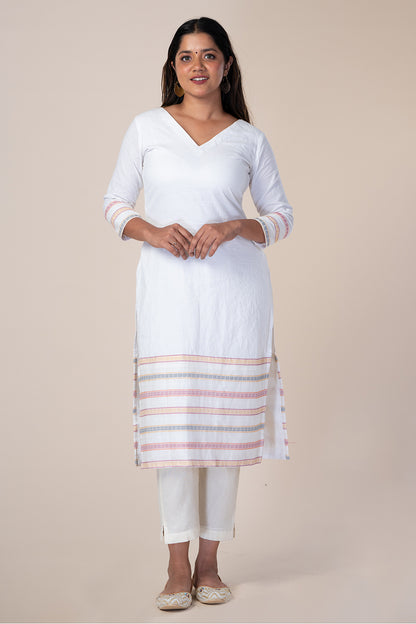 White Kantha Kurthi with Multicolour Lace