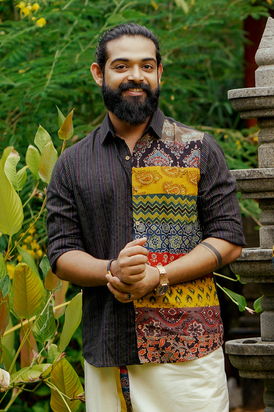 Black Kantha Full Sleeve Multi Patch Shirt
