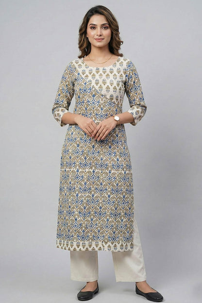 Offwhite Jali Print Slited Kurti with Floral Yoke Neck