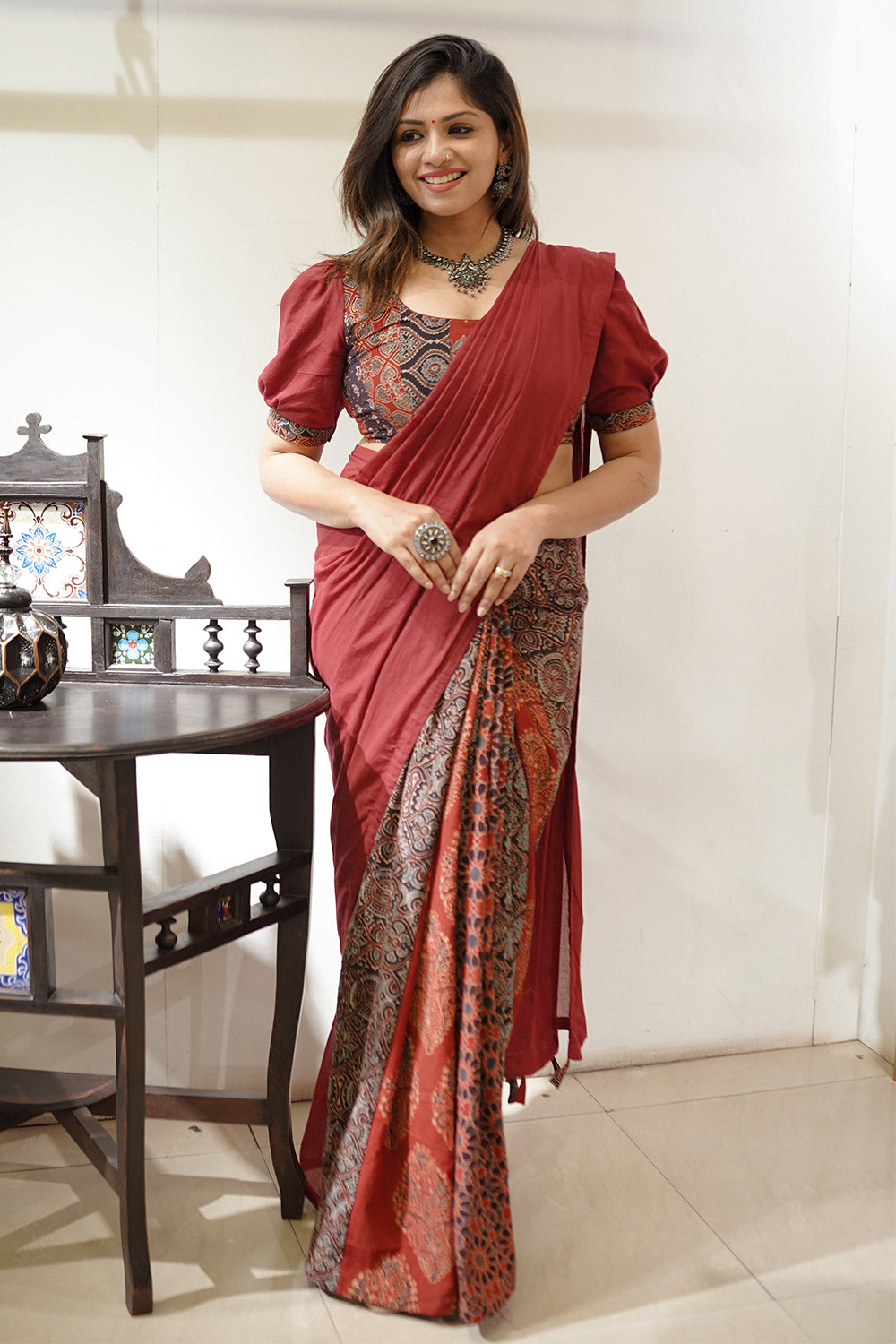 Maroon Mulcotton Saree with Ajrakh Patch