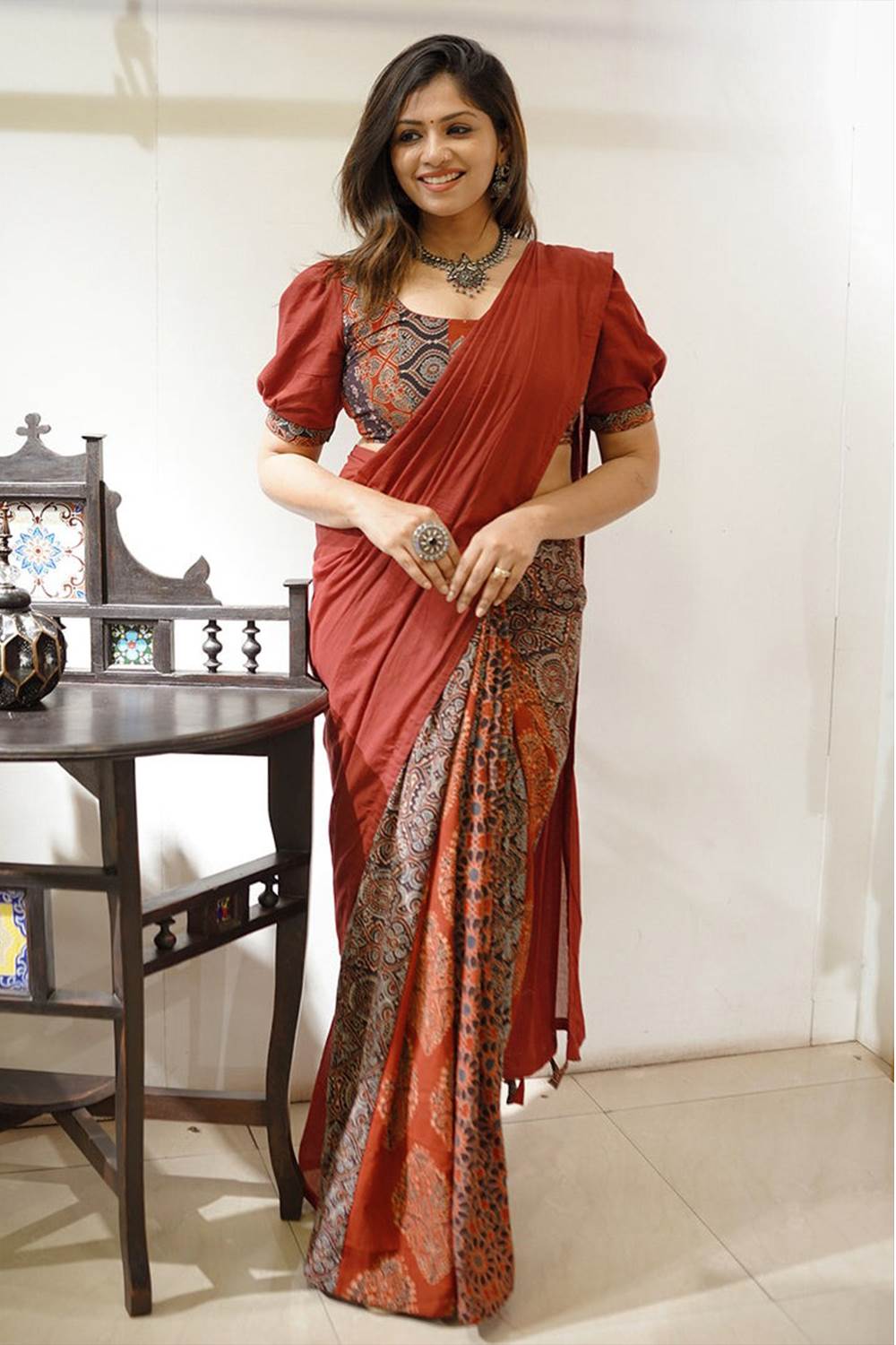 Maroon Mulcotton Saree with Ajrakh Patch