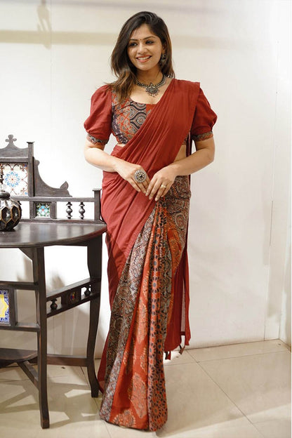 Maroon Mulcotton Saree with Ajrakh Patch