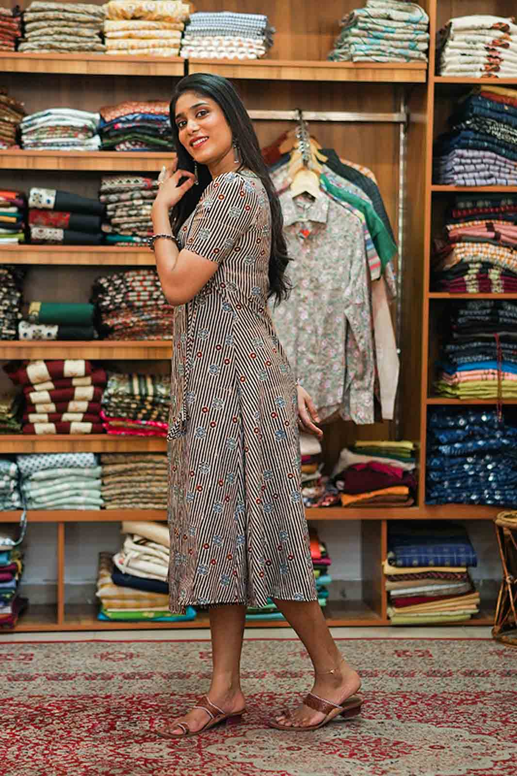 Ajrakh Striped Lines Angarakha Dress