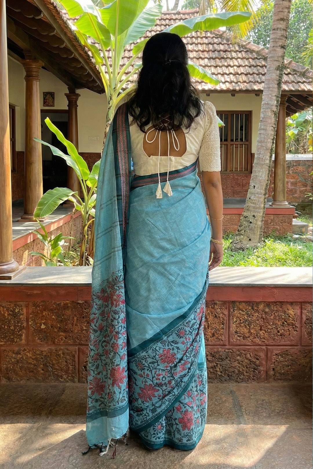 Cotton Blue & Red Pallu Designer Saree