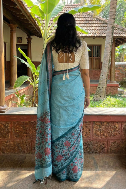 Cotton Blue & Red Pallu Designer Saree