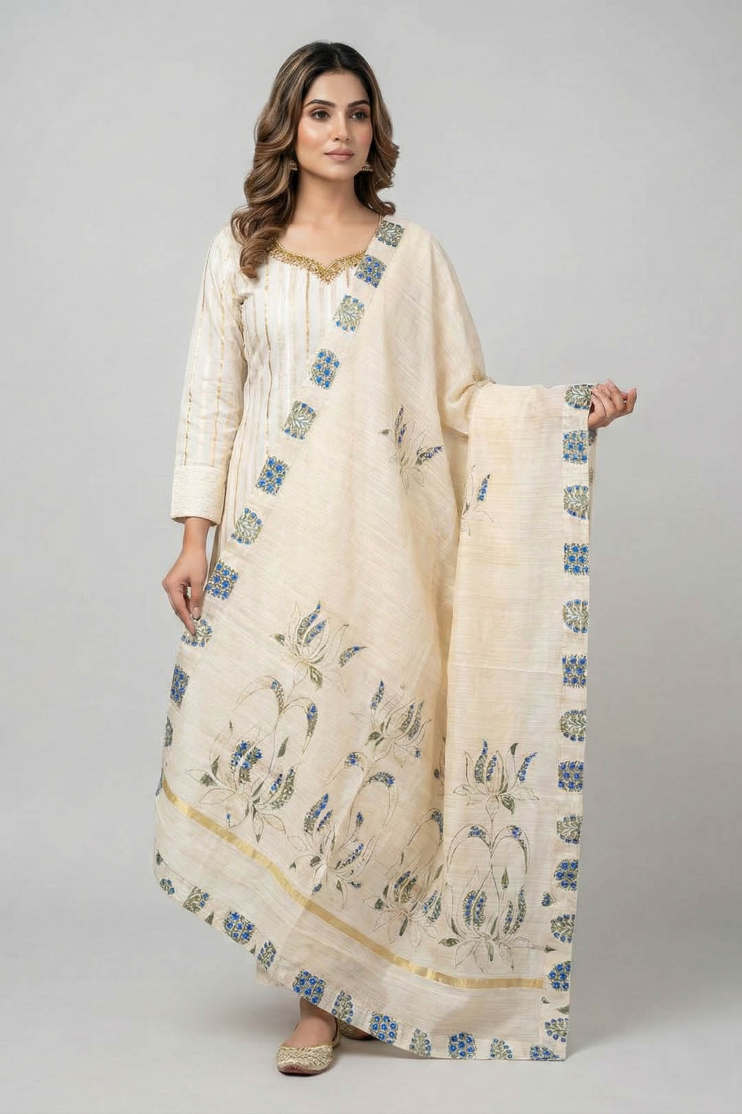 Beige Embroidery Chanderi Dupatta