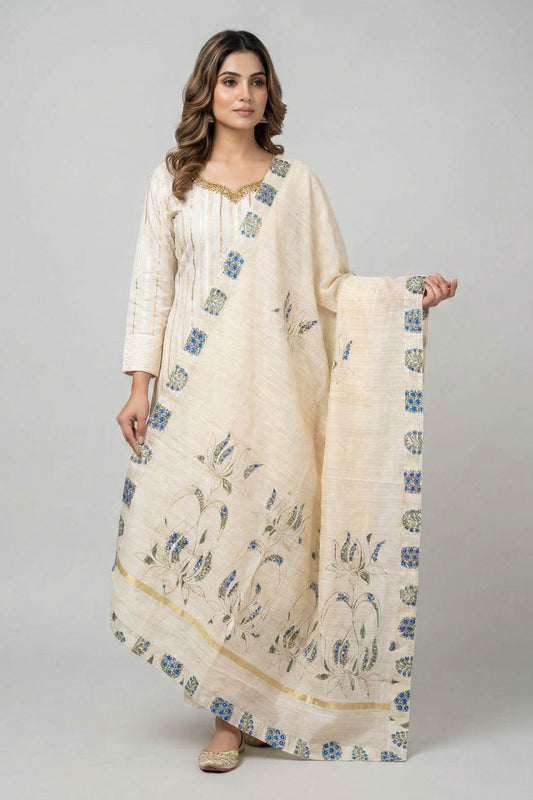 Beige Embroidery Chanderi Dupatta