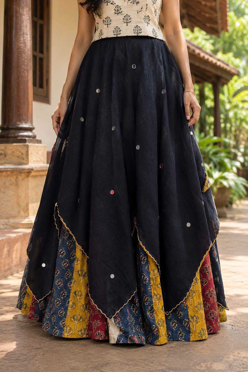 Black Mirror Work Ajrakh Patch Skirt