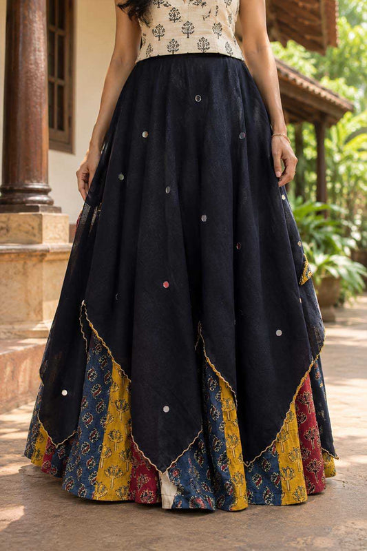 Black Mirror Work Ajrakh Patch Skirt