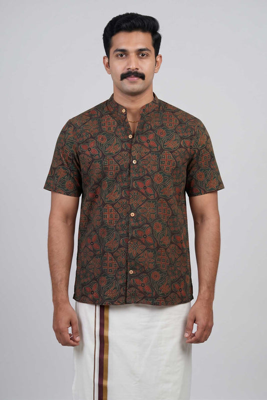 Green & Yellow Chinese Collar Ajrakh Handblock Print Shirt