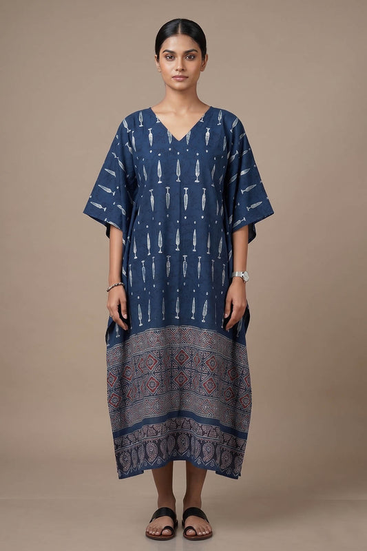 Blue Base Tree Dots & Diamond Print Kaftan