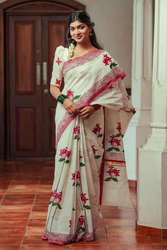 Off white set saree with Handblocked Chethipoov