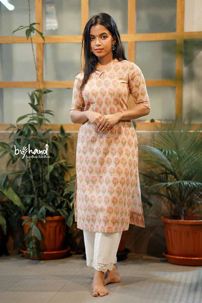 CREAM BASE PINK FLOWER PRINT KURTI