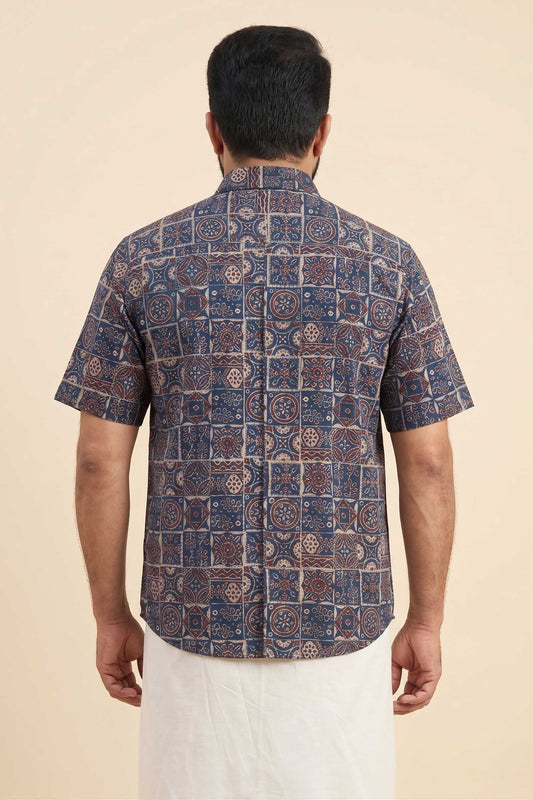 Blue Base Geomertical Handblock Print Shirt