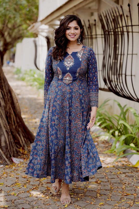 Blue Ajrakh Multipatch Anarkali