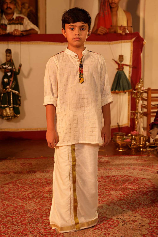 Off-white Golden Check Kurta With Ajrak Multi Patch