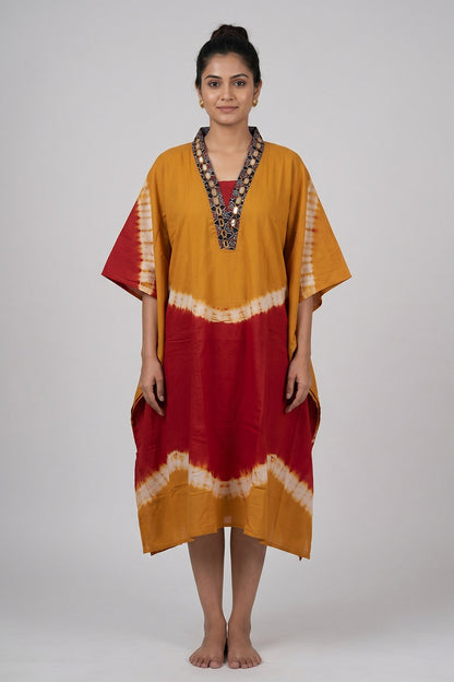 Red Mirror work Yellow Wave Kaftan