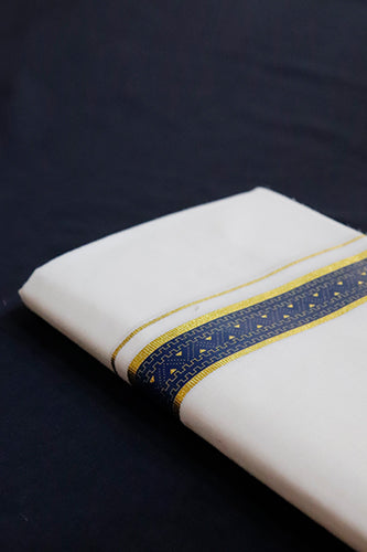 Offwhite Dhothi with Blue & Gold Print