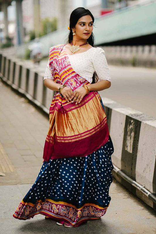 Cobalt Blue Mashewari Silk Bandhini Saree
