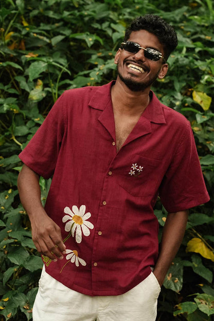 Maroon Shirt with Applique Daisy Flower