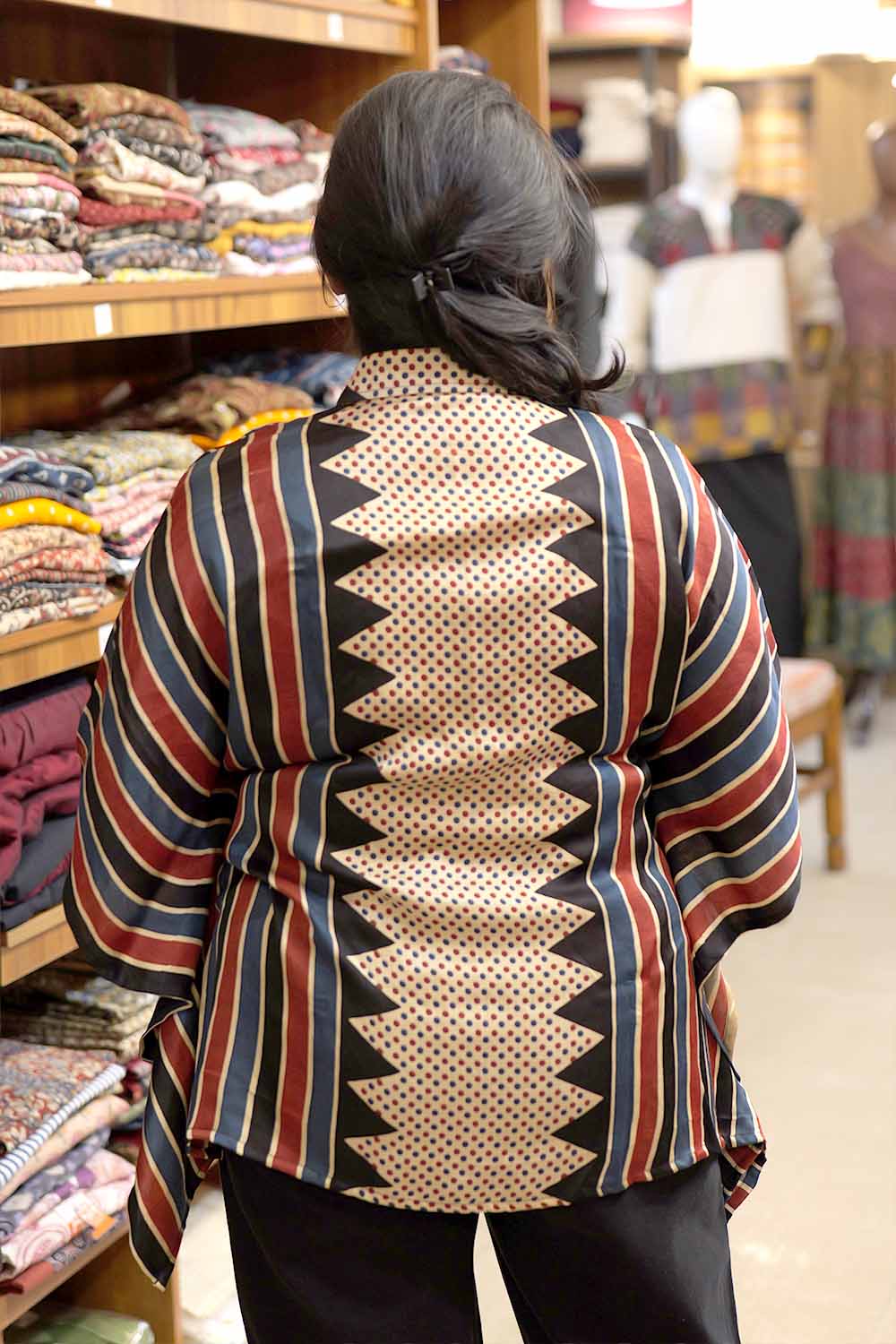 Beige Base Short Kaftan with Stripes