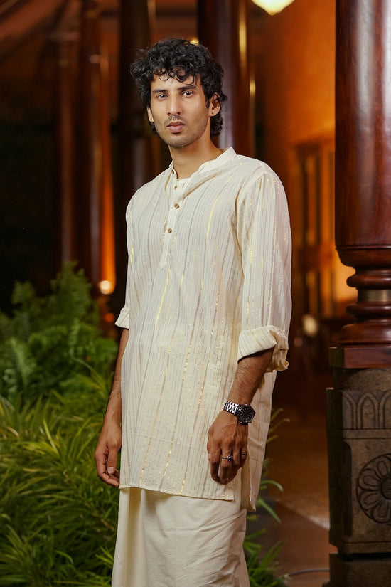 Off White Chinese Collar Full Sleeve Long Kurtha