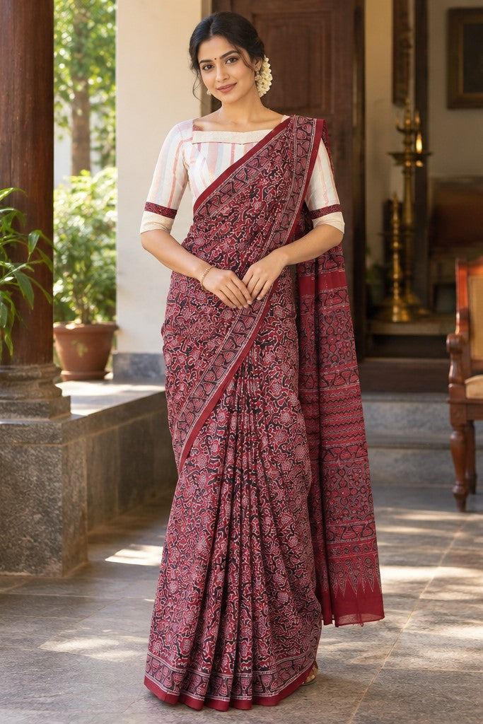 Ajrakh Red Base Printed Saree