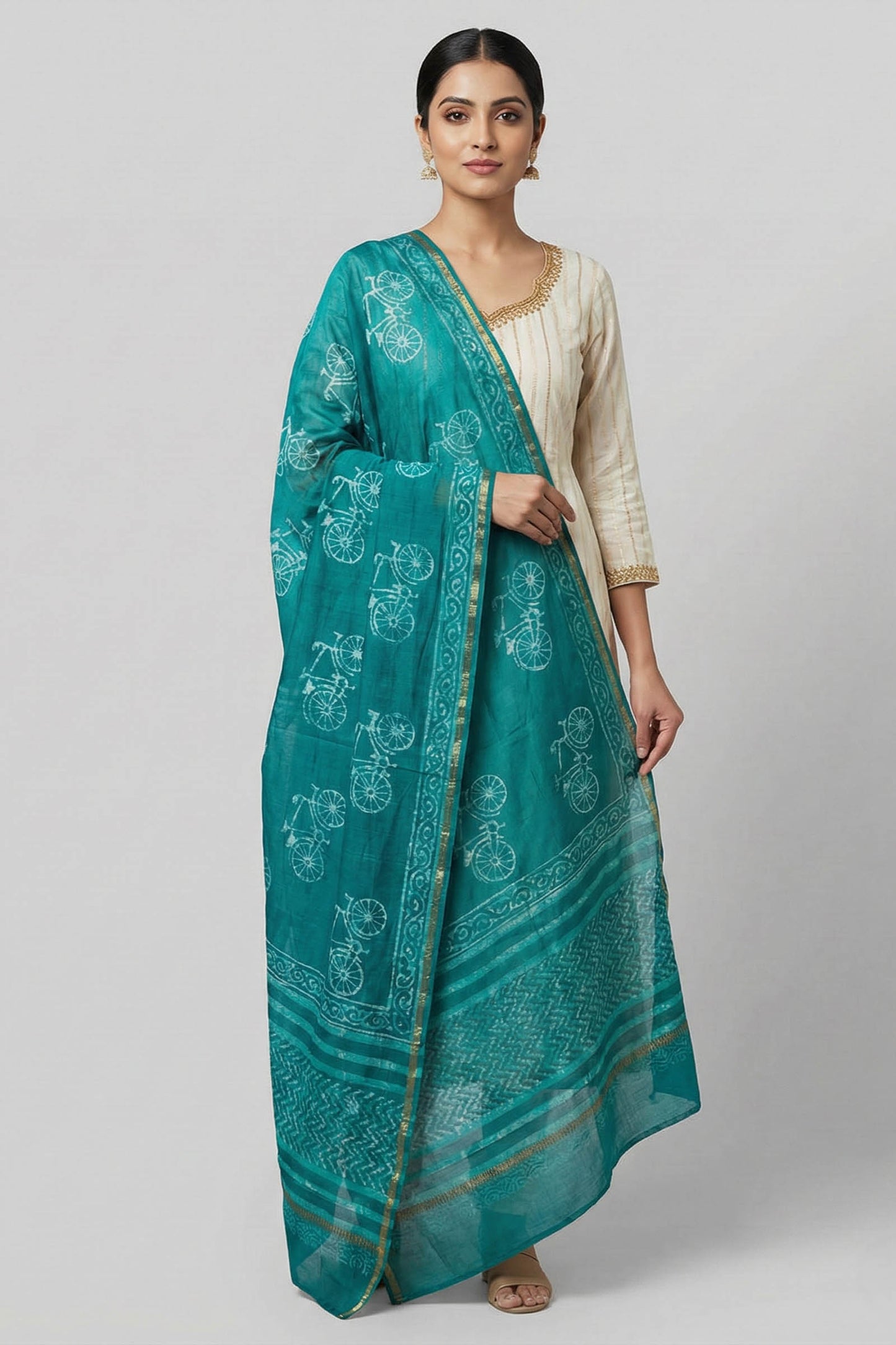 Chanderi Duppatta with Green Cycle Print