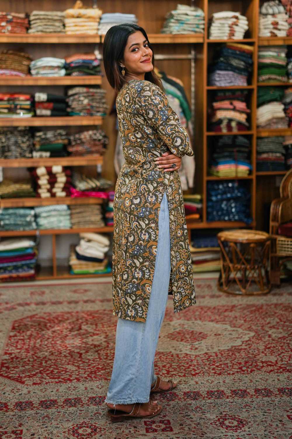 Green Base Mustard Kalamkari Yellow Kurti