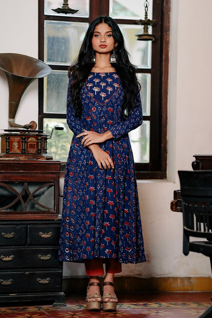 Indigo Base Red Printed Anarkali