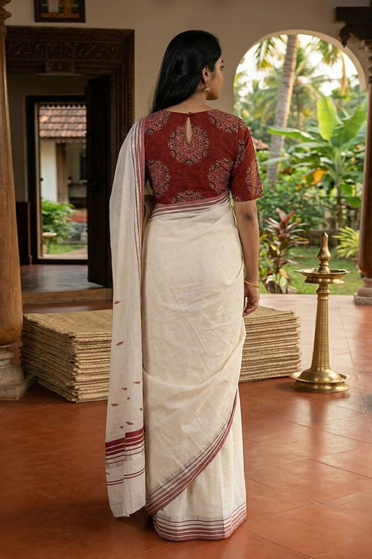 Offwhite Saree with Maroon & Silver Border