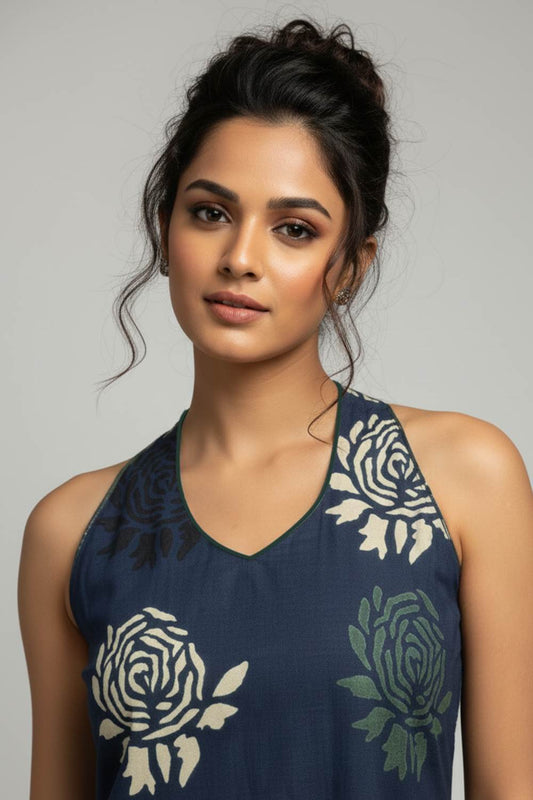 Indigo Base Green Rose Halterneck A Line Dress