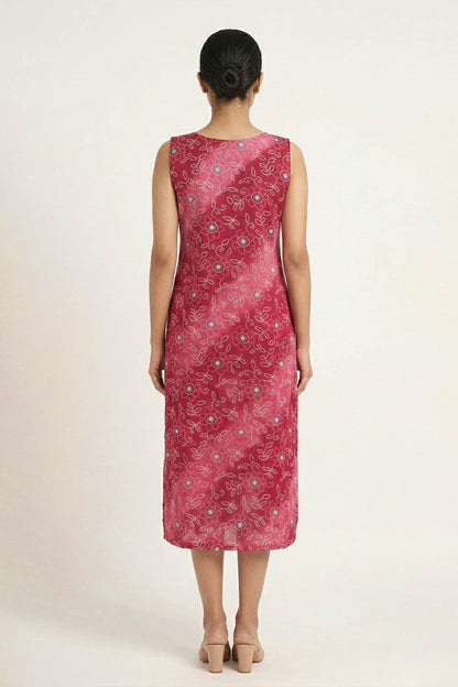 Pink Sleeveless Leaf & Floral Print Kurti