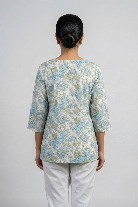 White Short Top with Blue Prints