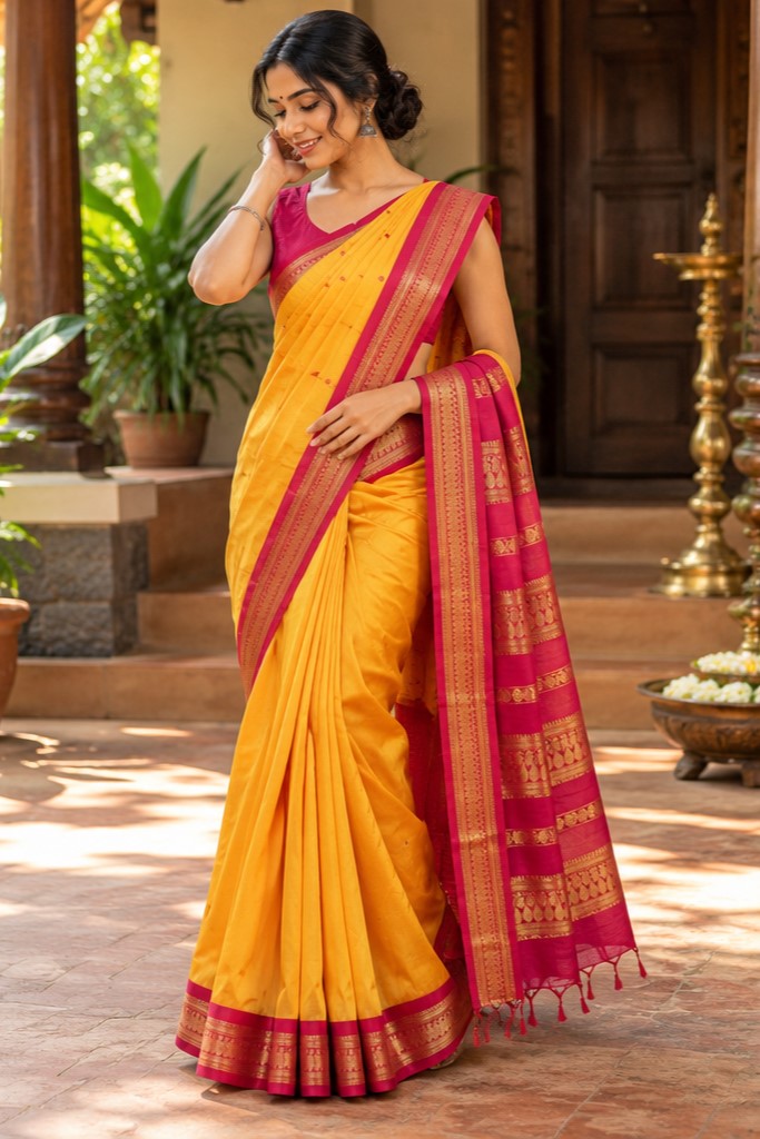 Kalyani Cotton Yellow Saree