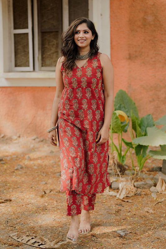 Red Base Ajrakh Floral Co-ord set
