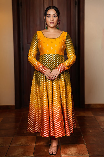 Yellow Green Orange & Golden Chanderi Silk Anarkali