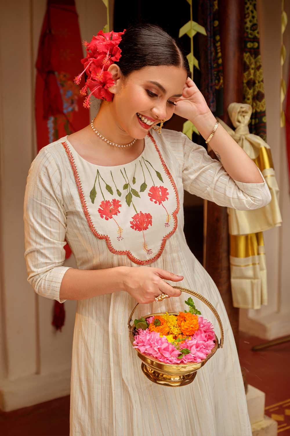 Hibiscus Handpainted Offwhite A line Gathered Dress
