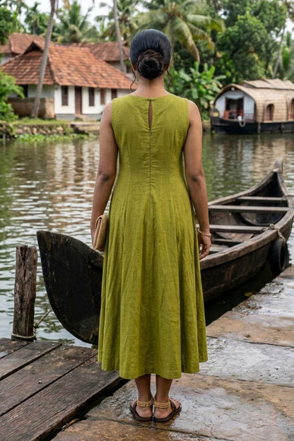 Golden Nelkathri Embroidery Mul Chandheri Anarkali