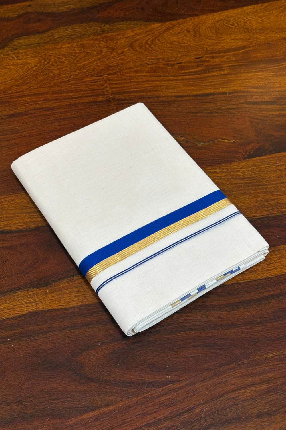 Offwhite  Thick Blue & Gold Border Dhothi