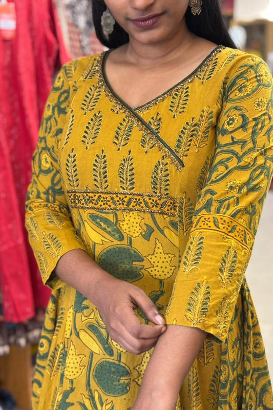 Yellow Ajrakh 5 Panel Anarkali