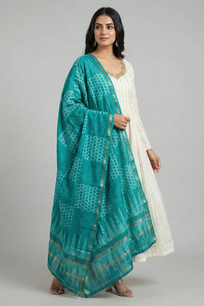 Indigo Floral Block& Polka Dots Chanderi Dupatta