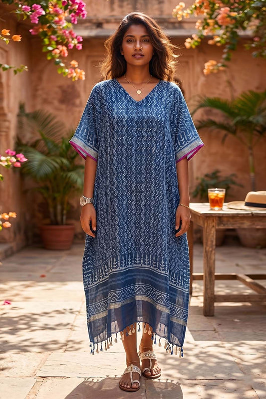 Linen Kaftan with Waves Print