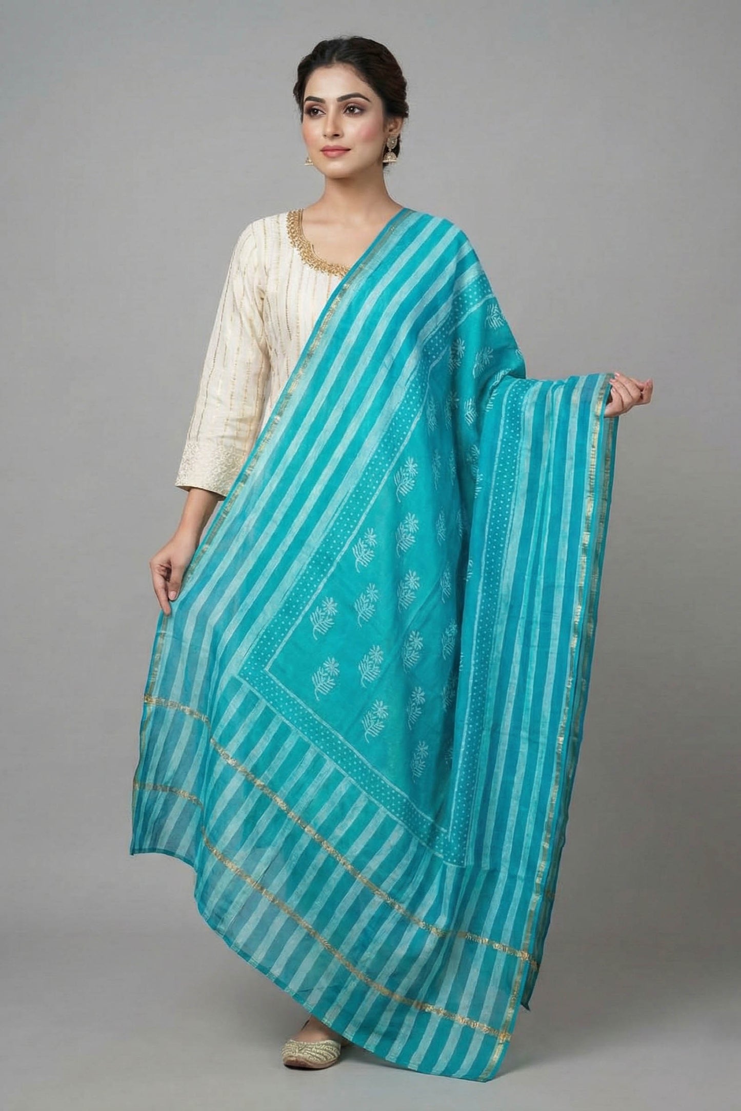 Indigo Dots & Stripes Chanderi Dupatta